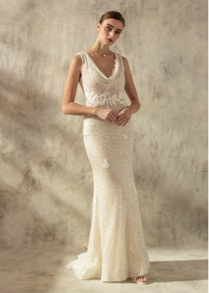 Draped Neck Ivory Sparkly Sequin Lace Trim Wedding Dress